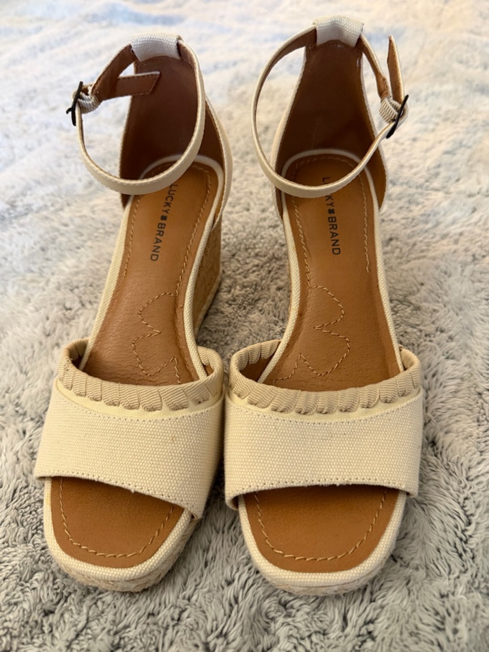 Lucky Brand Cream Canvas Wedge Sandals with Ankle Strap